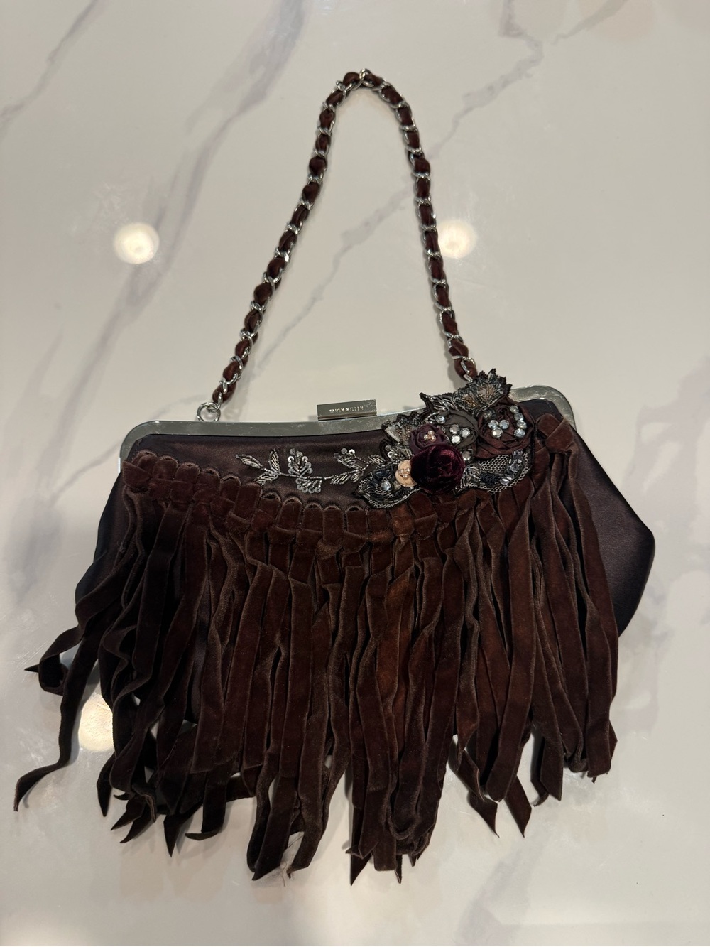 Karen Millen Dark Brown Suede Fringe Shoulder Bag with Chain Handle